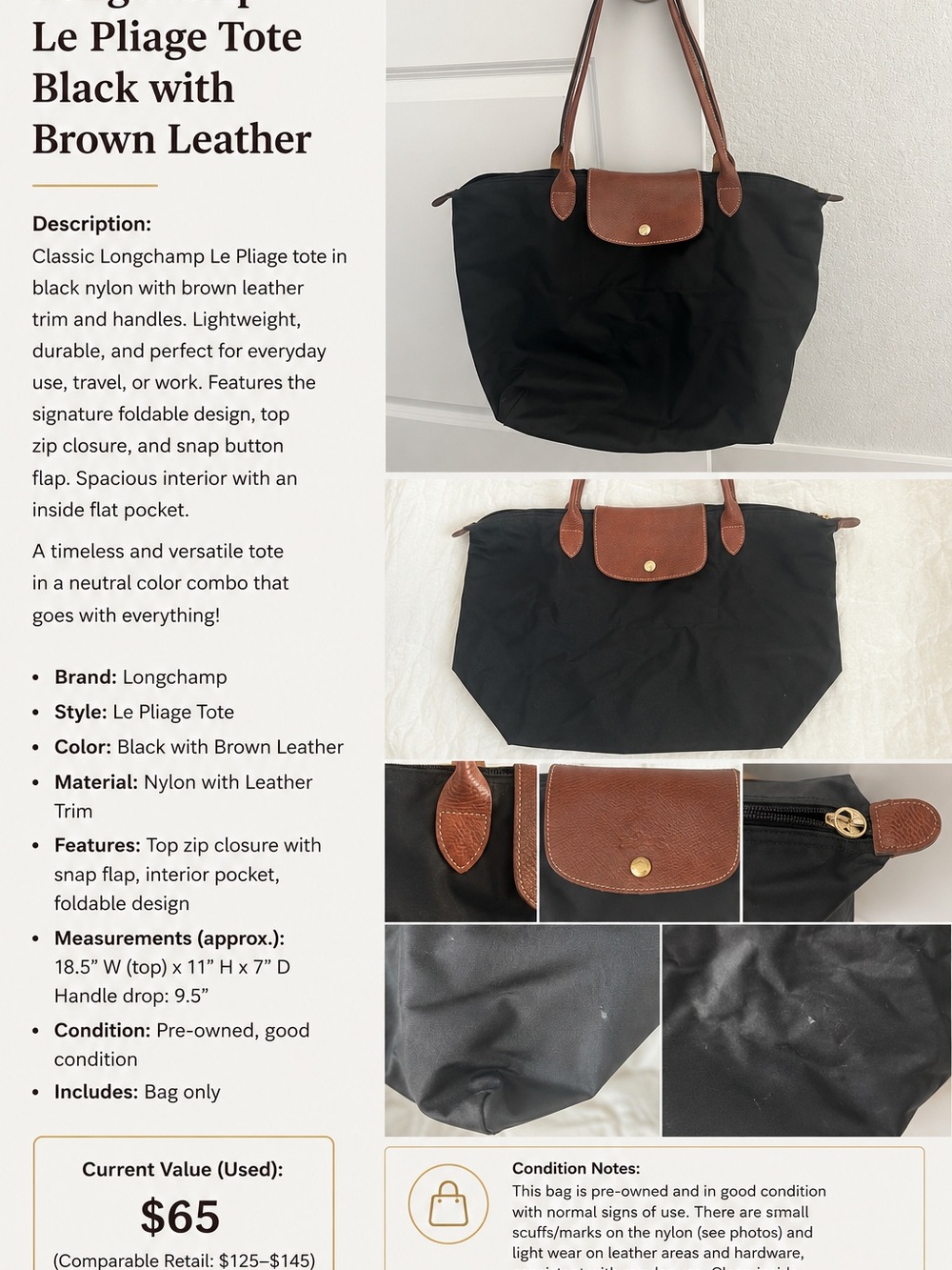 Black Nylon Tote with Brown Leather Handles - Picture 5 of 5
